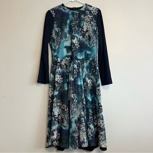 ERMANNA Long Sleeve Blue Floral Print Lined Midi Dress Mesh Sz M Gothic Artsy